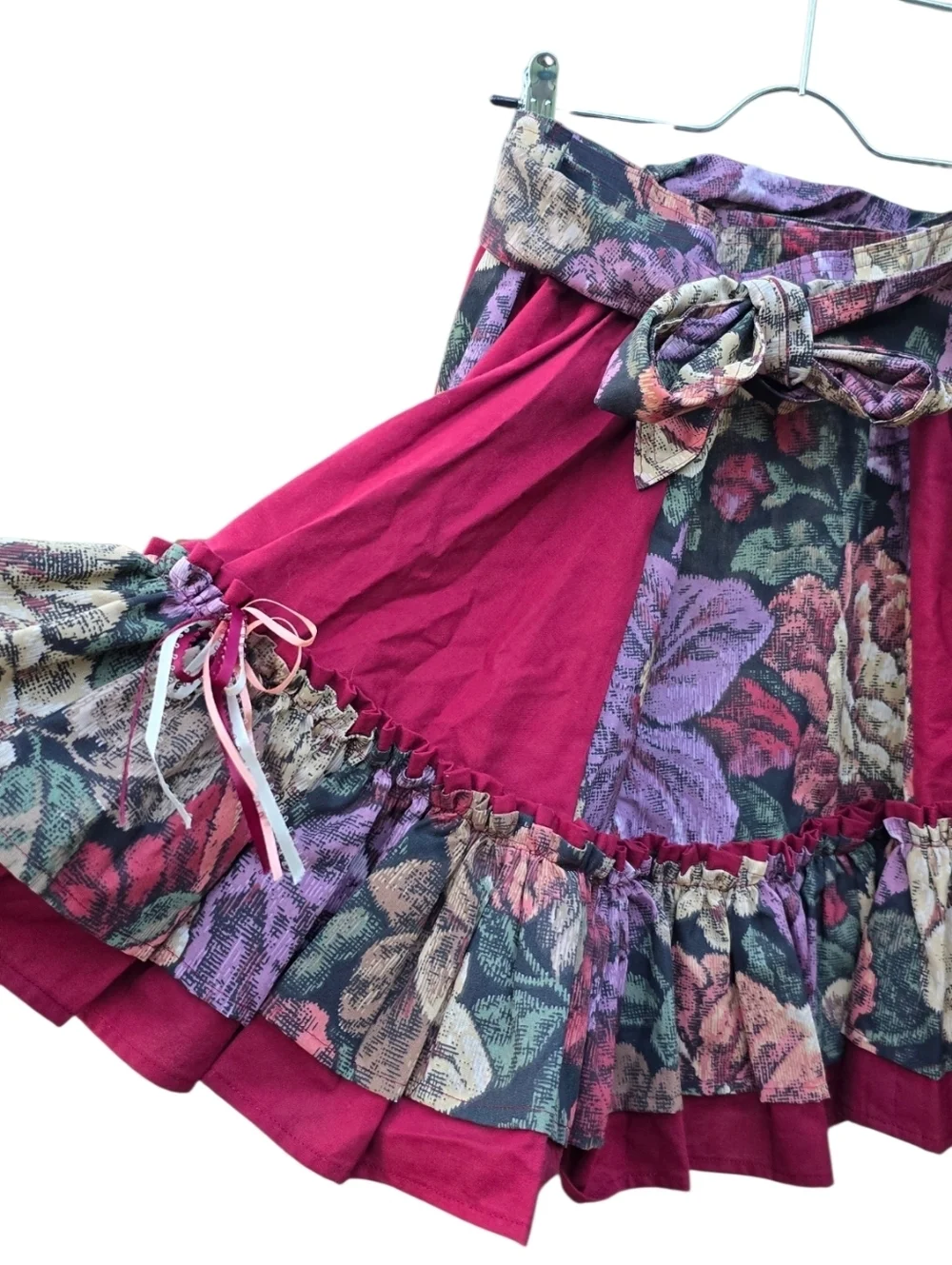 Vintage Cottagecore Floral Tiered Ruffle Mini Skirt Coquette Boho Burgundy Small